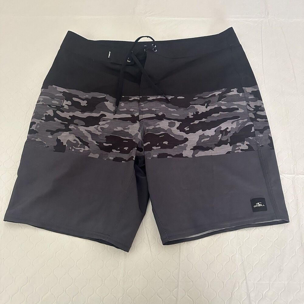 Mens Oneill Hyperfreak Camo Black Gray Swim Surf Boardshort Waist 32